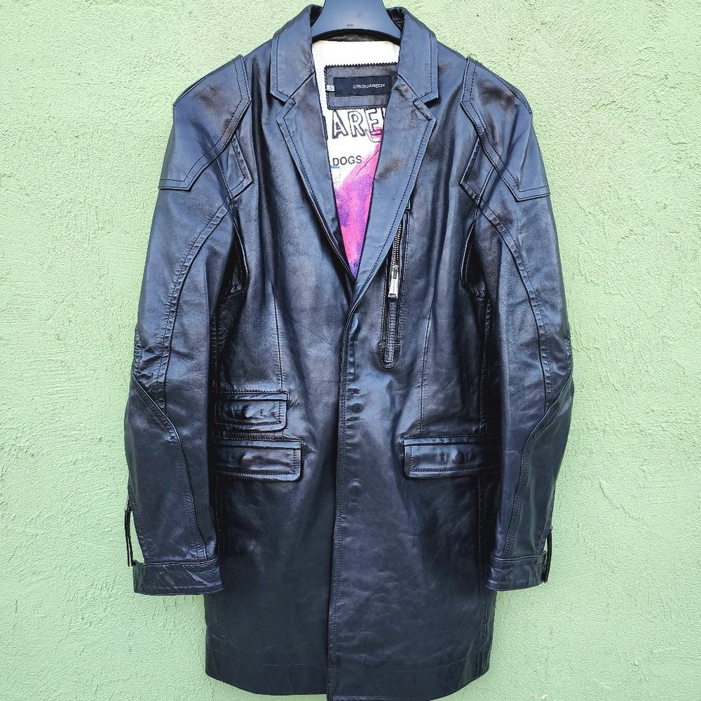 Men DSQUARED2 Oversized Leather Biker Coat Motorcycle Black